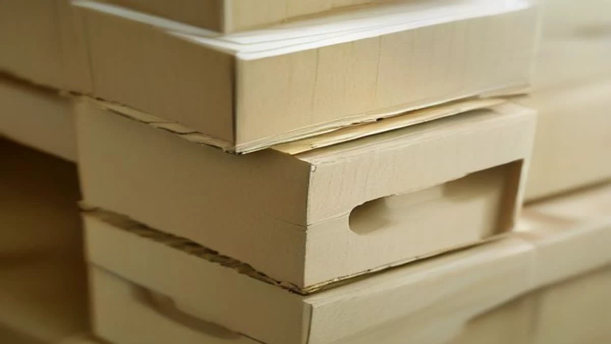 shallow depth of field close-up of a modern warehouse aisle with neatly stacked cartons and a clipboard on a pallet
