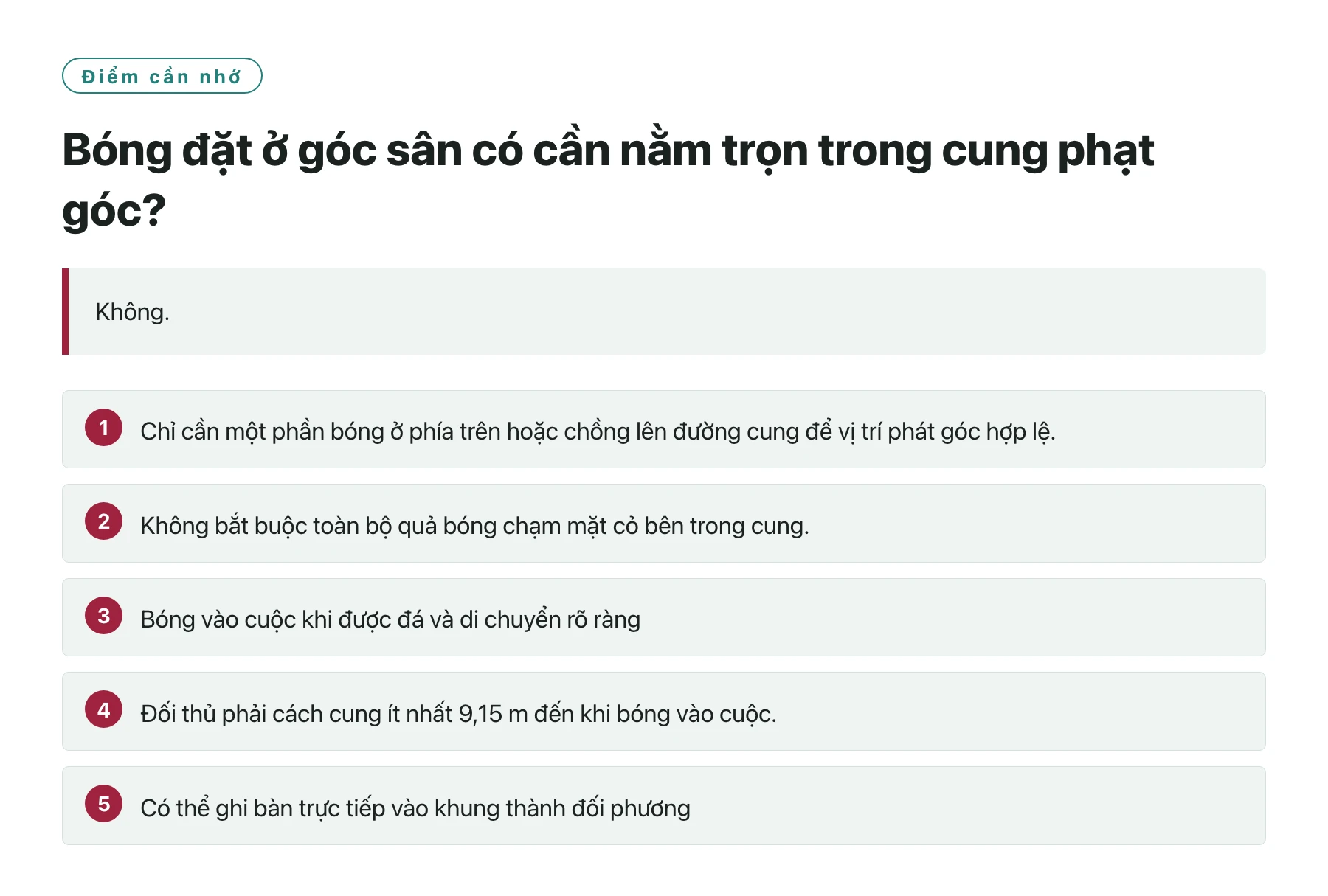 Bóng đặt ở góc sân có cần nằm trọn trong cung phạt góc?——全文要点速览